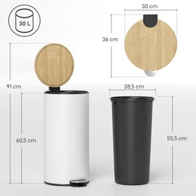 Balde do Lixo para Cozinha com Pedal 30L Cubo de Lixo Metálico com Tampa de Fecho Suave e Balde Removível 36x30x60,5 cm Branco e Madeira