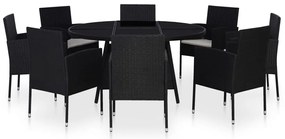 9 pcs conjunto jantar exterior com almofadões vime PE preto