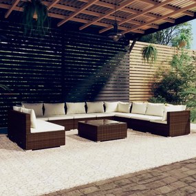 vidaXL 11 pcs conjunto lounge jardim c/ almofadões vime PE castanho
