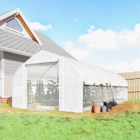 Estufa Tipo Túnel 6x3x2 m com Anti-UV e Porta de Enrolar com Fecho de Correr Paredes Laterais com Rede Branco