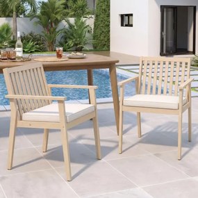 Conjunto 2 Cadeiras de Jantar jardim Madeira Acacia Almofada Removível Apoio de Braços Natural e Branco