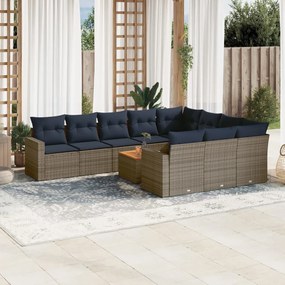11 pcs conjunto sofás de jardim c/ almofadões vime PE cinzento