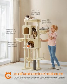 Arranhador Gatos com 175 cm de altura XL com 2 grutas bege areia