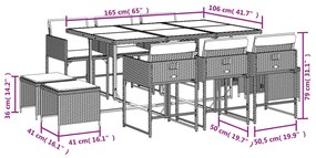 11 pcs conjunto de jantar p/ jardim com almofadões vime PE bege