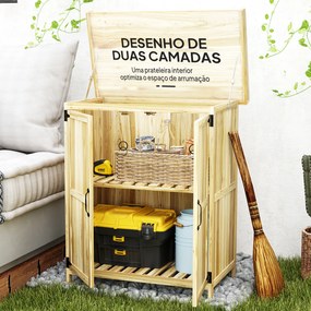 Armário de Exterior em Madeira com Tampo Basculante Prateleira 2 Portas para Armazenamento de Ferramentas 74x43x88 cm Madeira