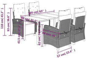 5 pcs conjunto de jantar p/ jardim c/ almofadões vime PE cinza