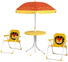 Outsunny Conjunto Mesa Cadeiras Infantil Exterior 2 Cadeiras Dobráveis Mesa Crianças Atividades ao Ar Livre Amarelo Castanho