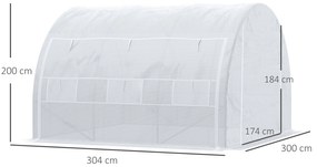 Estufa de Túnel de Jardim 3x3x2m com Porta Enrolável 6 Janelas Cobertura de PE 140g/m² e Metal Galvanizado para Cultivos de Plantas Verduras Branco