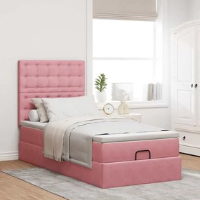 Estrutura de cama otomana com colchões rosa 90x200cm veludo