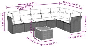 8 pcs conjunto sofás p/ jardim c/ almofadões vime PE cinzento