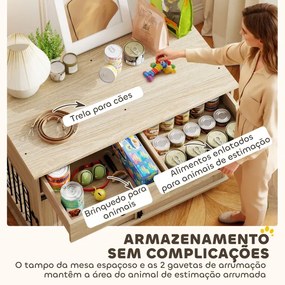 Gaiola para Cães Médios e Grandes Mesa de Apoio Moderna com 2 Gavetas 2 Portas e Fecho 100x56x81 cm Carvalho