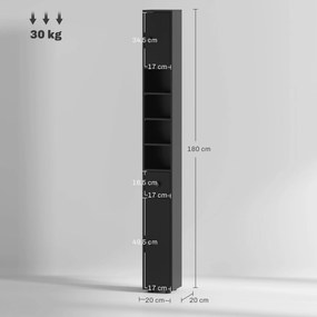 Coluna Casa de Banho Estreita  20x20x180 cm com 1 Gaveta 4 Prateleiras Abertas e Prateleiras Ajustáveis Preto