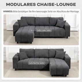 Sofá Chaise Longue Reversível 3 Lugares com 2 Almofadas Estofado em Linho e Estrutura em Aço 242x156x87 cm Cinzento Escuro
