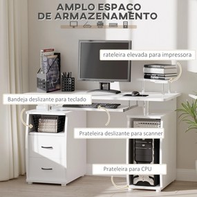 Mesa de Computador com Prateleiras 2 Gavetas Bandeja de Teclado e Suporte para Monitor e CPU 120x55x85 cm Branco