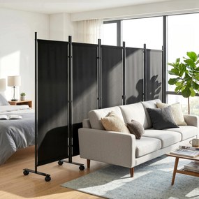 Biombo Dobrável de 5 Painéis com 12 Rodas 252x170 cm Biombo Separador de Ambientes Preto