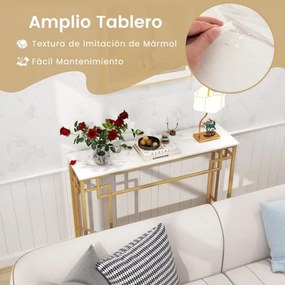 Mesa consola Dourada estreita com tampo em mármore falso com dispositivo anti-inclinação para sala de estar Hall de entrada 110 x 30 x 81 cm Branco e