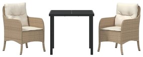 Conjunto de Jantar de Jardim de 3 Peças com Almofadas Bege Rattan PE