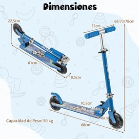 Trotinete dobrável para crianças com 2 rodas intermitentes Guiador ajustável Sistema de travão traseiro com apoios para os pés para crianças a partir