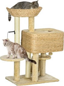 Arranhador  para gatos com arranhador, nicho, cesto de observação, plataformas e pompons suspensos, 60 x 40 x 98 cm, bege