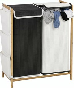 Cesto de Roupa Suja com Tampa 120L de Bambu com 2 Compartimentos Sacos com Cordão Bolsos Laterais Branco e Preto
