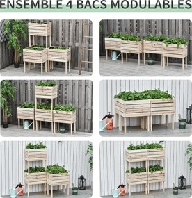 Conjunto de 4 floreiras com pés modulares 50  x 30 x 60 cm - Insertos de irrigação com película protetora - Madeira de abeto natural