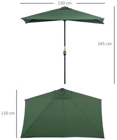 Chapéu de Sol Semicircular 230x130x245 cm Chapéu de Sol para Parede com Manivela Proteção UV 30+ e Mastro Metálica Ø38 mm Verde