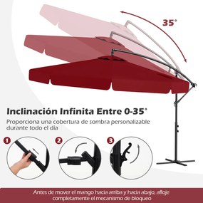 Conjunto de guarda-sol cantilever de 305 cm com inclinação de 0 a 35°, manivela, 8 varas, capa e base recheável com água/areia de 128 kg, vermelho
