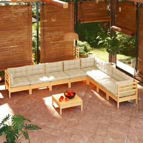vidaXL 9 pcs conjunto lounge jardim c/ almofadões creme pinho maciço