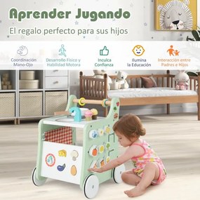 Andarilho de madeira 6 em 1 Centro de actividades de empurrar e puxar 6 em 1 com carrinho de cozinha para bebés com mais de 12 meses Verde