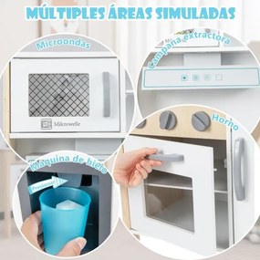 Cozinha de brincar para crianças em madeira com micro-ondas, exaustor, fogão, lava-loiça, máquina de gelo e 18 acessórios Branco