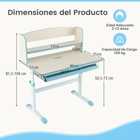 Secretária para crianças ajustável em altura basculante para estudantes em casa e na escola com gaveta Azul