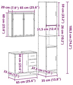 3 pcs Conjunto móveis casa de banho madeira proc. cinza sonoma