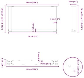 Pés para mesa de centro em formato de U, 2 peças, branco, 60x(30-31) c