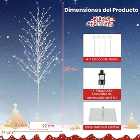 Árvore de Natal de bétula iluminada com 168 luzes LED brancas quentes e base metálica para interior e exterior, 180 cm