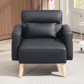 Poltrona Moderna Estofada em Couro Sintético com Apoios de Braço Acolchoados e Pés em Madeira 77x78x78 cm Preto