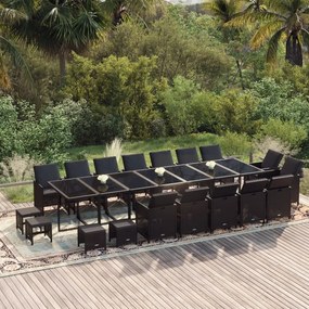 vidaXL 19 pcs conjunto jantar p/ jardim c/ almofadões vime PE preto