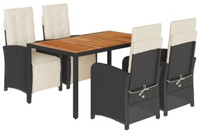 5 pcs conjunto de jantar p/ jardim c/ almofadões vime PE preto