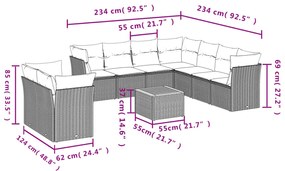 11 pcs conjunto sofás de jardim c/ almofadões vime PE cinzento