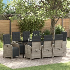 Conjunto de Jantar de 9 Peças com Almofadas Cinza Claro Rattan Poly vidaXL