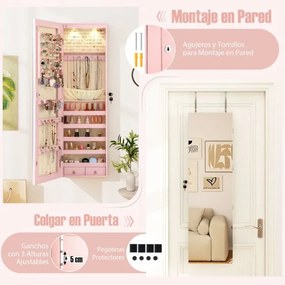 Armário de joias em madeira com espelho de parede e LED interno Organizador de porta ou parede com chave 35,5 x 10 x 120 cm Rosa