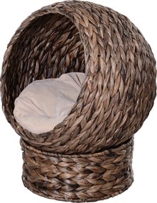 PawHut Cesto para Gatos em Vime de Água com Almofada, Cama para Gatos, Cama para Animais,50 cm x 42 cm x 60 cm, Café + Bege | Aosom Portugal