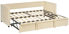 HOMCOM Cama Individual Dupla 2 em 1 Estofada em Veludo e Cama Inferior Extraível com Rodas para Colchões de 90x190 cm Creme | Aosom Portugal