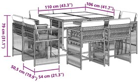 9 pcs conjunto de jantar p/ jardim c/ almofadões vime PE preto