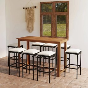 vidaXL 9 pcs conjunto de bar para jardim com almofadões preto