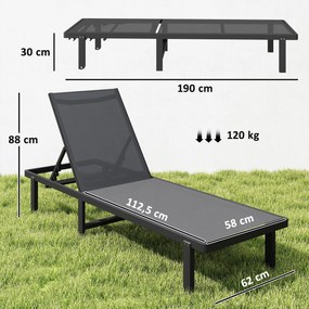 Espreguiçadeira de jardim com Rodas, reclinável em 4 posições até ficar totalmente na horizontal, em Textilene 530 g/m², cinzento escuro