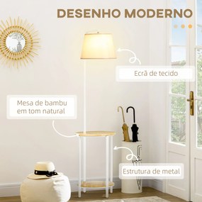 Candeeiro de Pé Moderno com Prateleira Candeeiro com Prateleira Suporte para Lâmpada E27 Máx. 40W com Ecrã de Linho Interruptor de Pé para Sala de Est