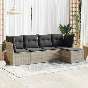 5 pcs conj. sofás jardim c/ almofadões vime PE cinzento-claro