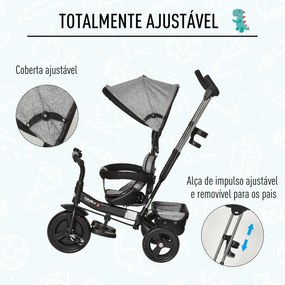 Triciclo para Crianças 2 em 1com capota ajustável acima de 18 Meses cinza 92x51x110cm