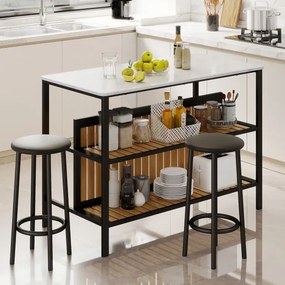 Conjunto de Ilha de Cozinha com 2 Bancos, 120 x 60 x 84 cm, Tampo com Efeito Mármore, Branco