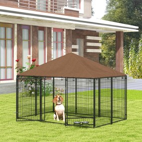 Canil para Cães com Toldo com Suporte Giratório para Comida 2 Tigelas Incluídas 211x141x151 cm Preto e Castanho